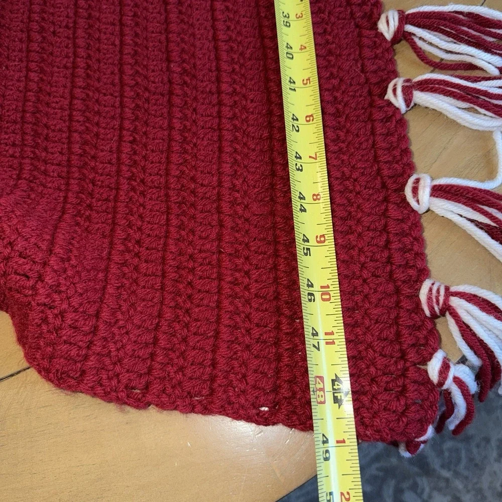 Handmade Crochet Afghan Throw Blanket Red White Fringe 48x56 Christmas Rustic